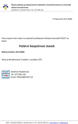 Certifikát požární bezpečnost staveb 23.4.2020